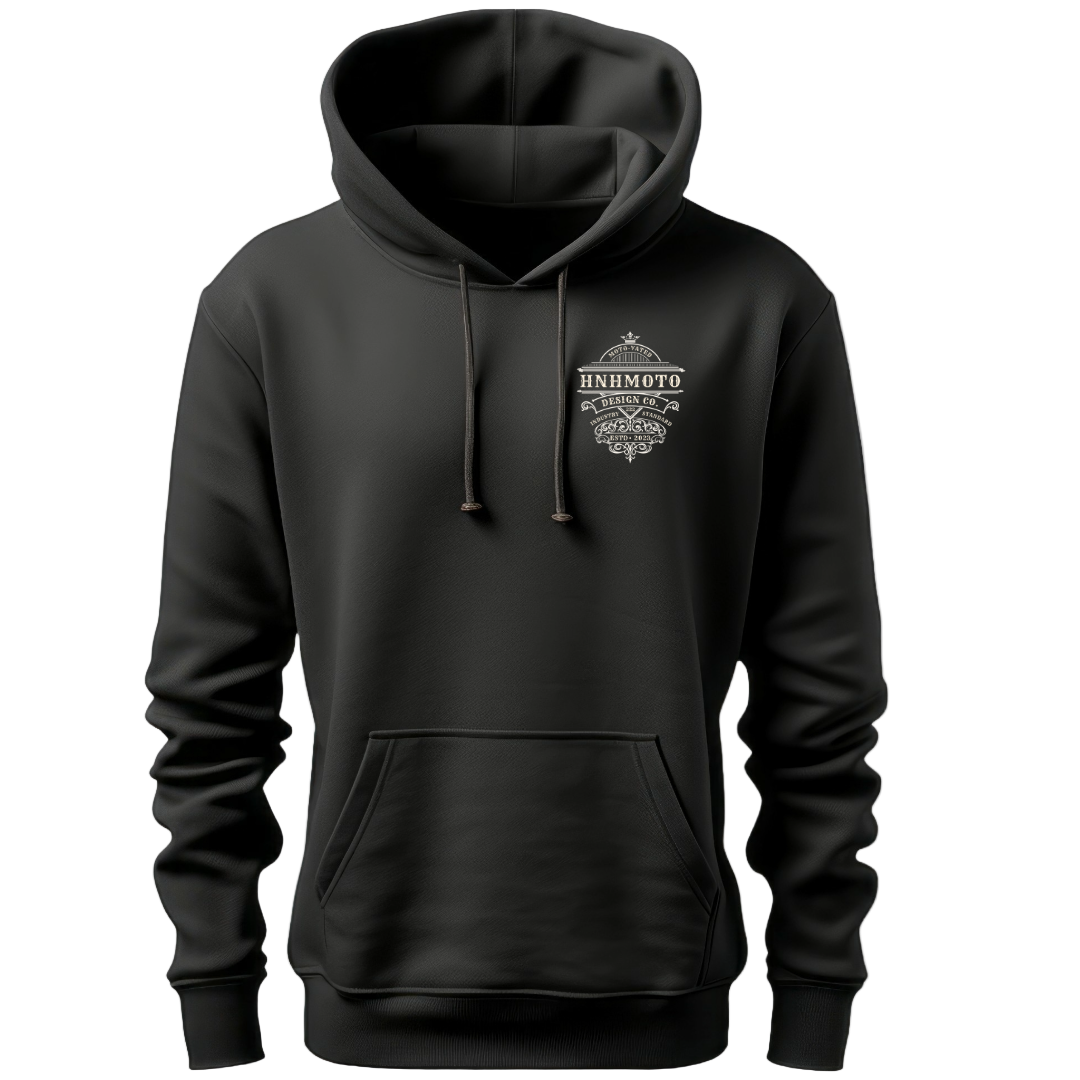 Black hooded sweatshirt with a graphic on the front and a hood.