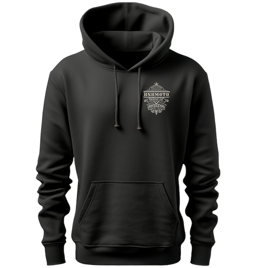 Black hooded sweatshirt with a graphic on the front and a hood.