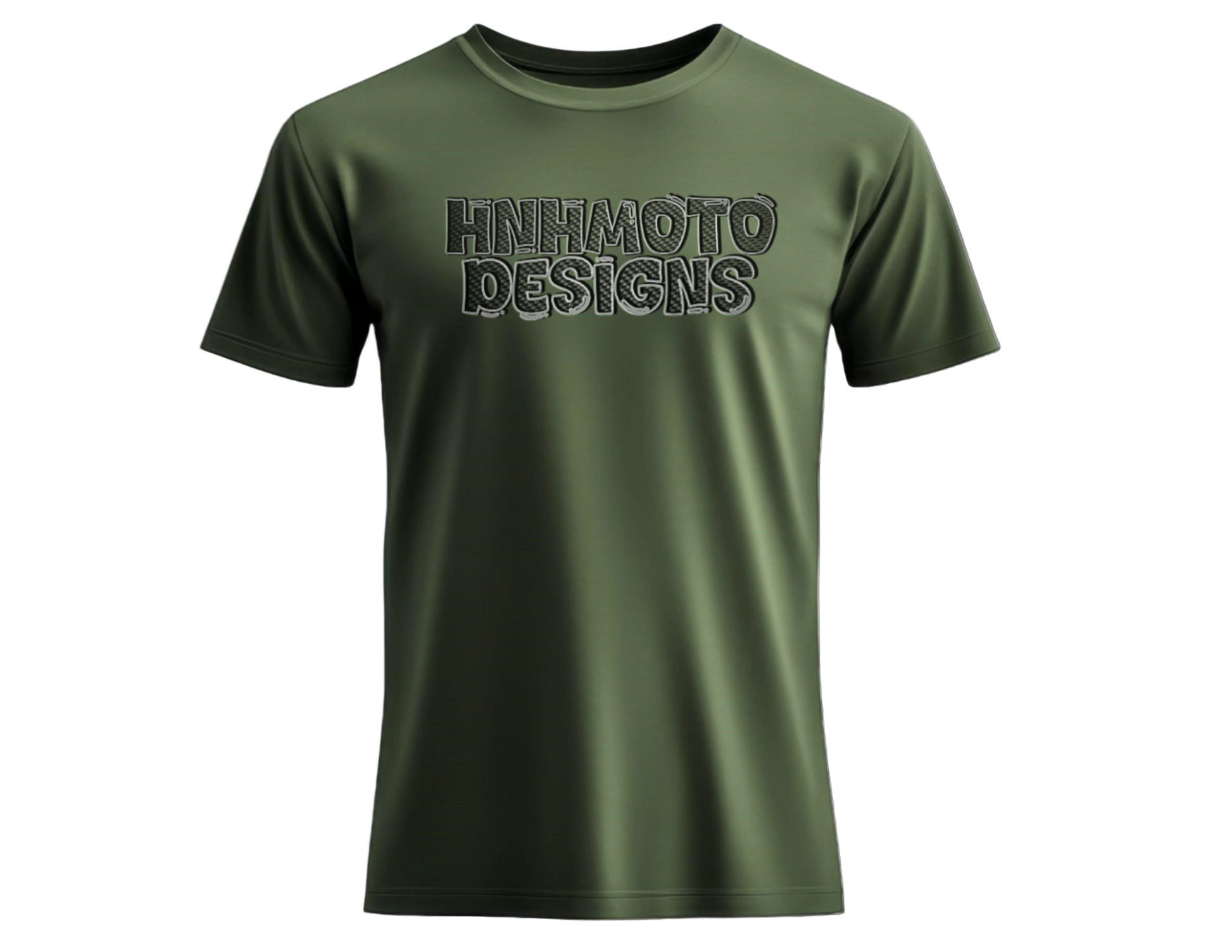 Three crew neck t-shirts, two white and one green, with 'HNH MOTO DESIGNS' text printed on the front.