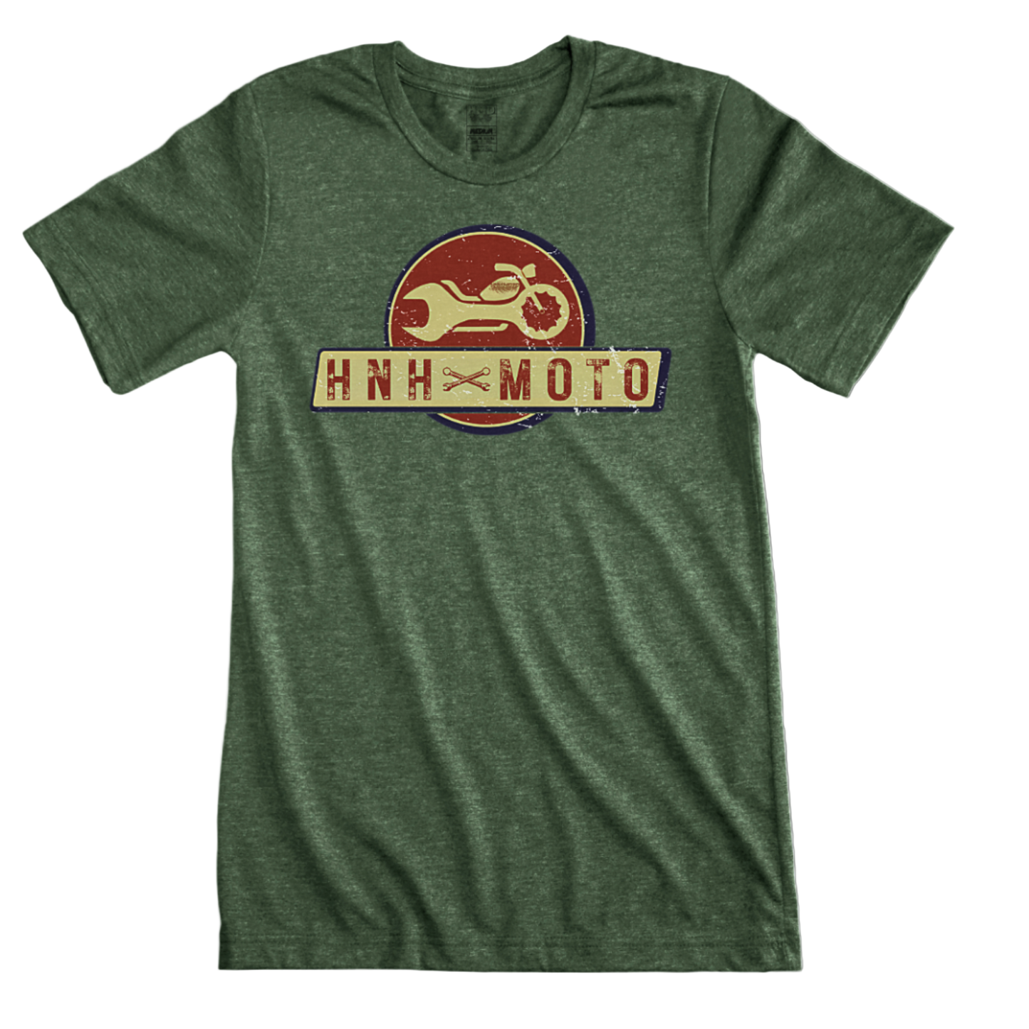 Three HnH Moto branded t-shirts in green, yellow, and black colors, featuring a graphic of a motorcycle and the brand logo.