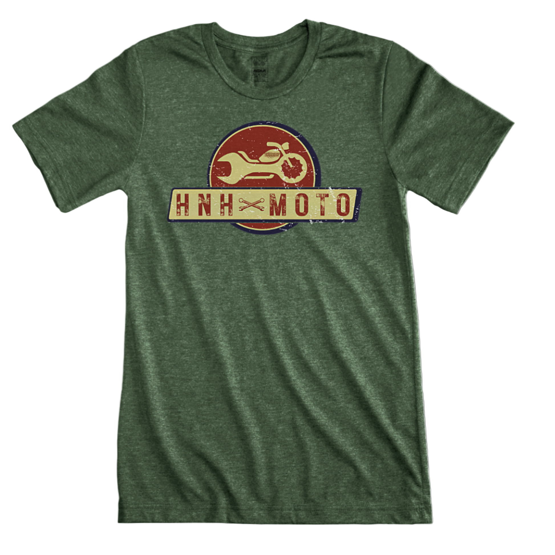 Three HnH Moto branded t-shirts in green, yellow, and black colors, featuring a graphic of a motorcycle and the brand logo.