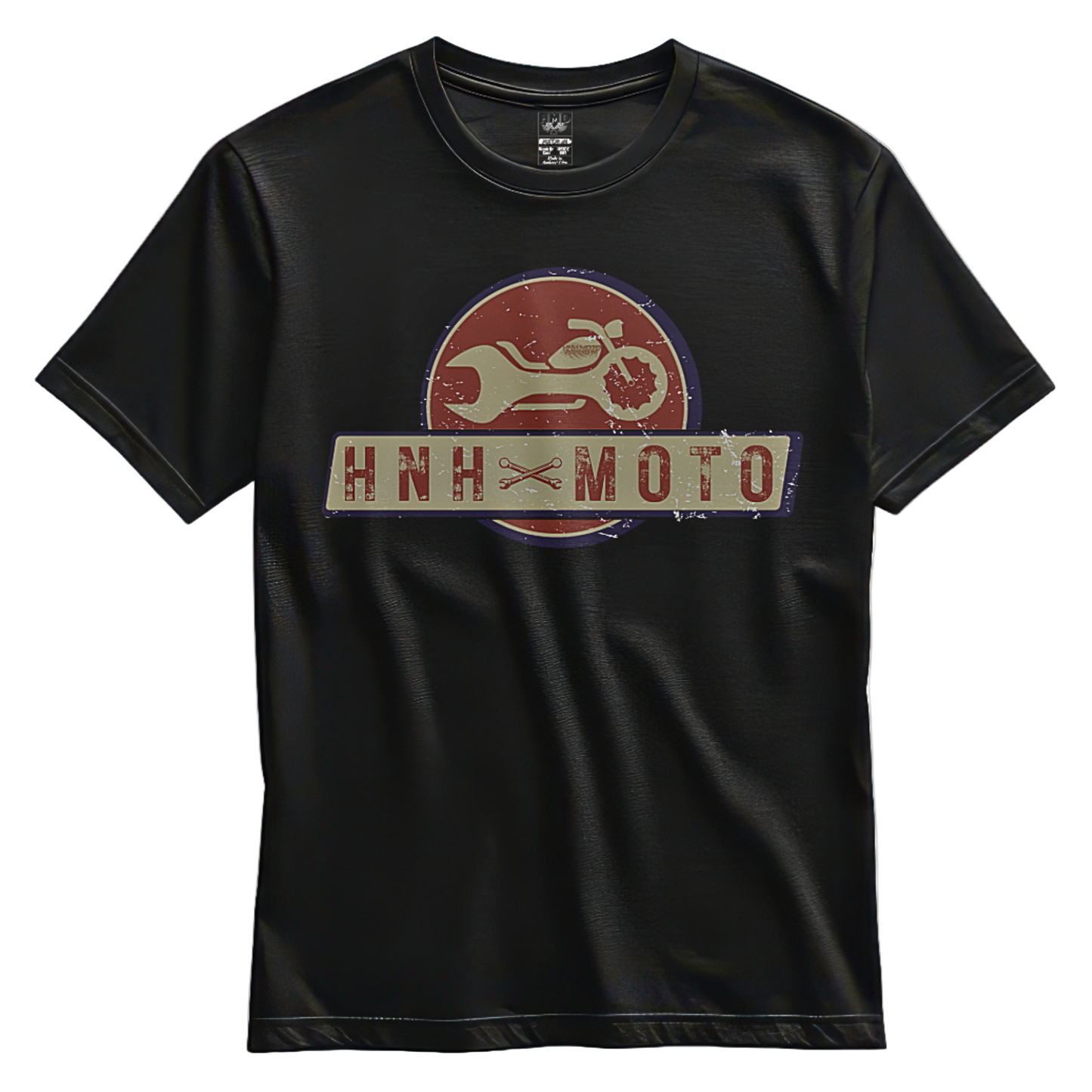 Three HnH Moto branded t-shirts in green, yellow, and black colors, featuring a graphic of a motorcycle and the brand logo.