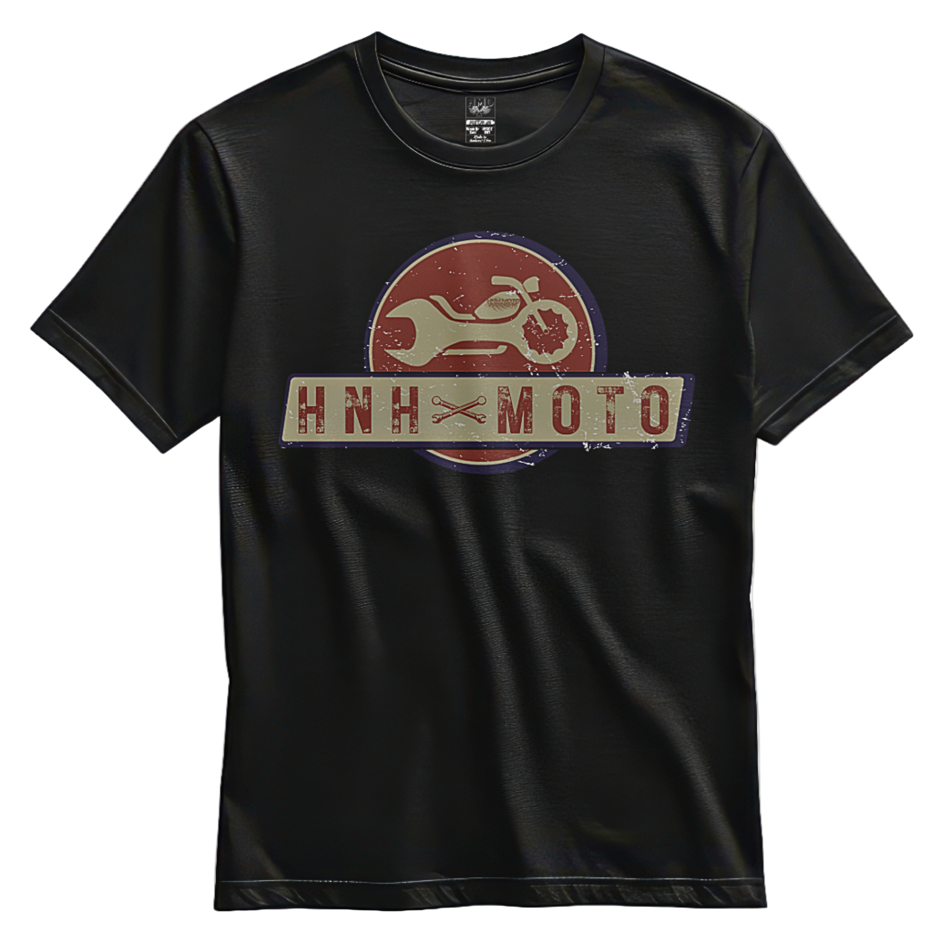 Three HnH Moto branded t-shirts in green, yellow, and black colors, featuring a graphic of a motorcycle and the brand logo.