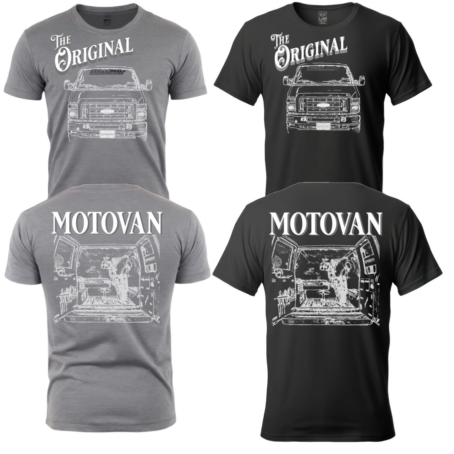 Two t-shirts, one grey and one black, with 'The Original' and 'MOTOVAN' text and graphics related to motorcycles on them.
