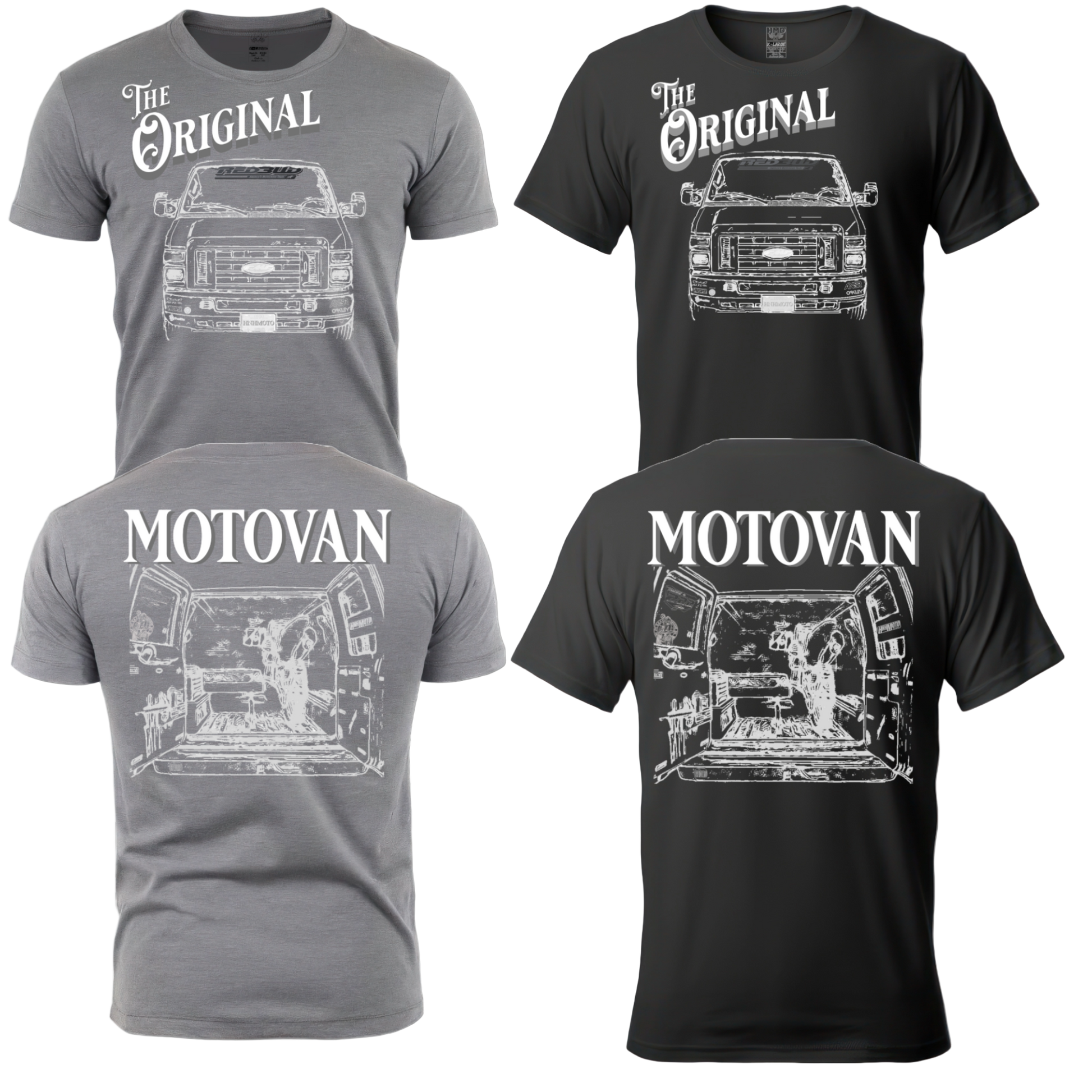 Two t-shirts, one grey and one black, with 'The Original' and 'MOTOVAN' text and graphics related to motorcycles on them.