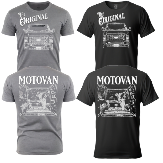 Two t-shirts, one grey and one black, with 'The Original' and 'MOTOVAN' text and graphics related to motorcycles on them.