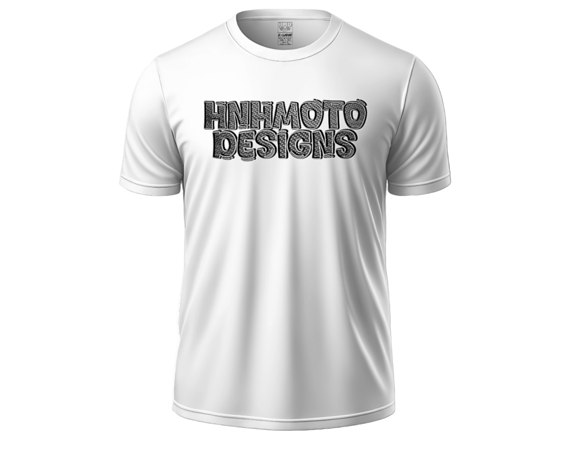 Three crew neck t-shirts, two white and one green, with 'HNH MOTO DESIGNS' text printed on the front.