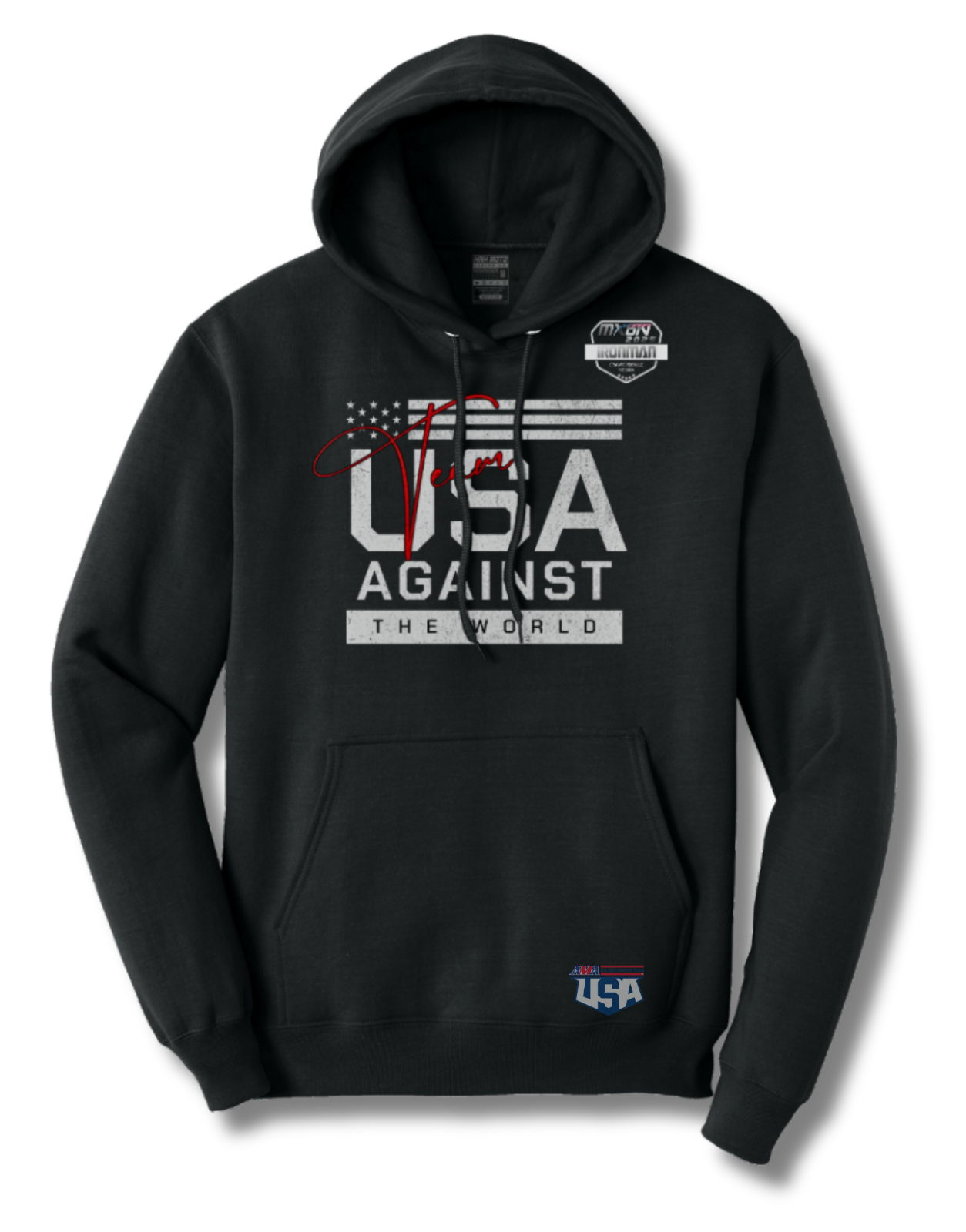 Black hoodie with 'USA Against the World' text on a white background