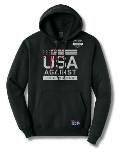 Black hoodie with 'USA Against the World' text on a white background