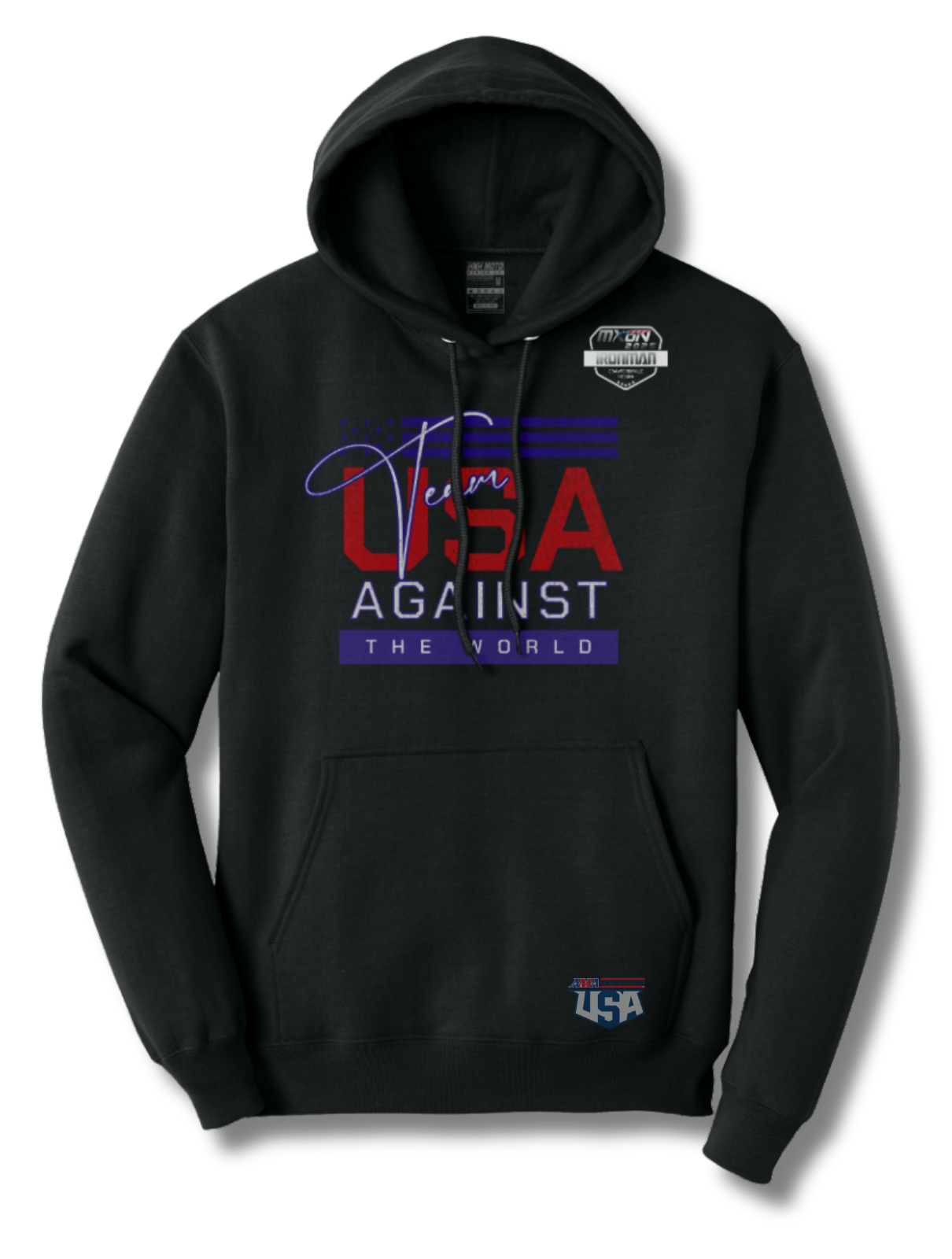 Black hoodie with USA Against The World text on a red white and blue colors