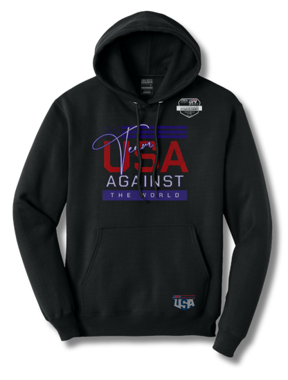 Black hoodie with USA Against The World text on a red white and blue colors